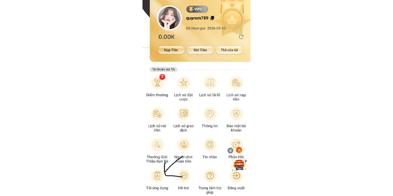 Vào trang cá nhân MM88 bấm vào tải app