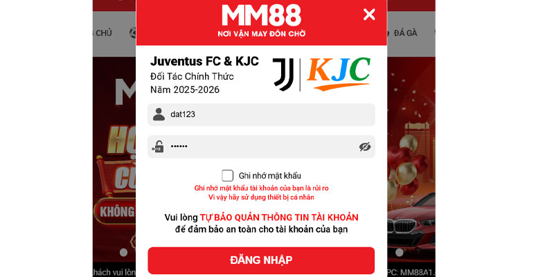 Điền mật khẩu đúng đã đăng ký mm88